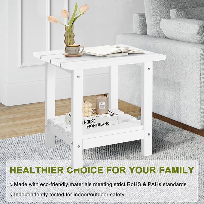 Adirondack Outdoor Side Table, 2-Tier Small Patio End Table, Weather Resistant HDPE Outdoor End Tables for Garden, Lawn, Pool, Beach, Porch, Deck, Backyard - Square, White