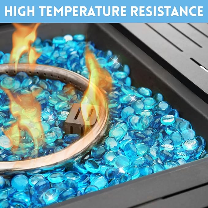 Fire Glass, Caribbean Blue Fire Rocks for Propane Firepit, Fireplace and Outdoor Decorative. 3/4 High Luster Round Glass Rocks, 10LB