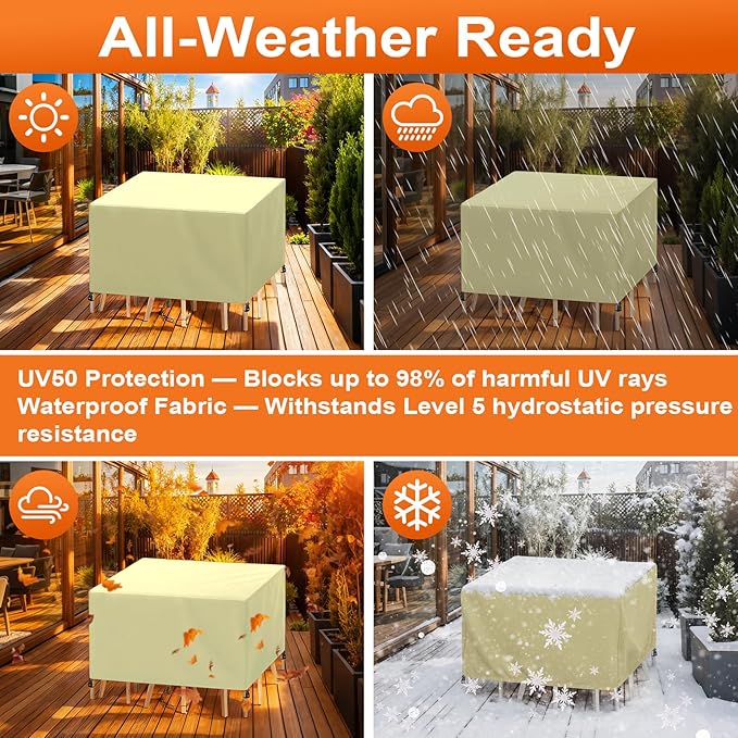 Patio Furniture Cover Rectangle 116"(L) x 56"(W) x 30"(H), Custom Heavy Duty 420D Waterproof Outdoor Cover with Drawstring & Buckles for Table Chair Garden, Cream