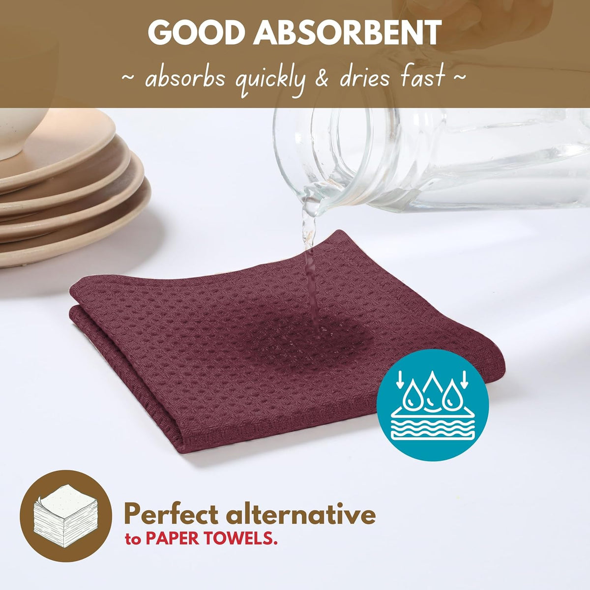 Native Fab Cotton Kitchen Towel with Hanging Loop 16x26 inches, 4-Pack, Waffle Weave Kitchen Towels for Cleaning Drying, Washcloths Soft & Absorbent Cloth Rags, Bar Towel, Dish Cloth, Burgundy Wine