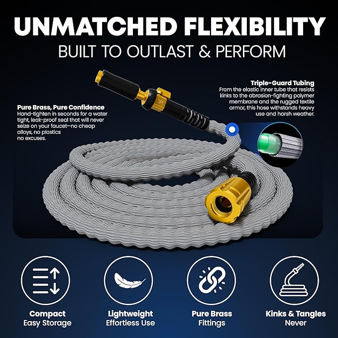 TITAN Flexible Garden Hose 25FT – Ultra Lightweight, Heavy Duty Water Hose with Brass Fittings & Jet Nozzle – Kink-Free, Non-Expanding, Durable Fabric Hose for Yard, Lawn, Car Wash, Outdoor Use