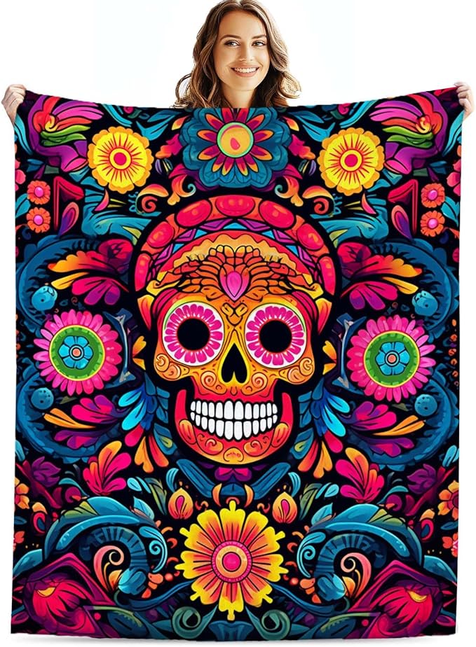 Firmiso Sugar Skull Gifts for Women and Men, Day of The Dead Blanket for Home Decor, Halloween Skull Lighweight Fleece for Bed Room and Living Room, 50x60 inches, No Pilling