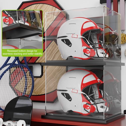 Putros Football Helmet Display Case Full Size with Mirror and Black Metal Grooved Base Clear Acrylic Helmet Showcase for Memorabilia Sports Collectibles