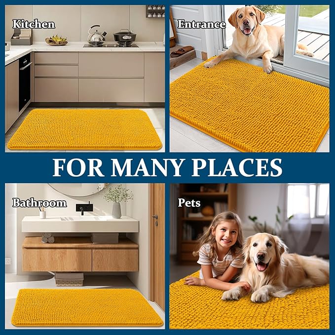 OLANLY Dog Door Mat for Muddy Paws 44x24, Absorbs Moisture and Dirt, Absorbent Non-Slip Washable Doormat, Quick Dry Chenille Mud Mat, Entry Indoor Entryway Carpet for Inside Floor, Golden Yellow