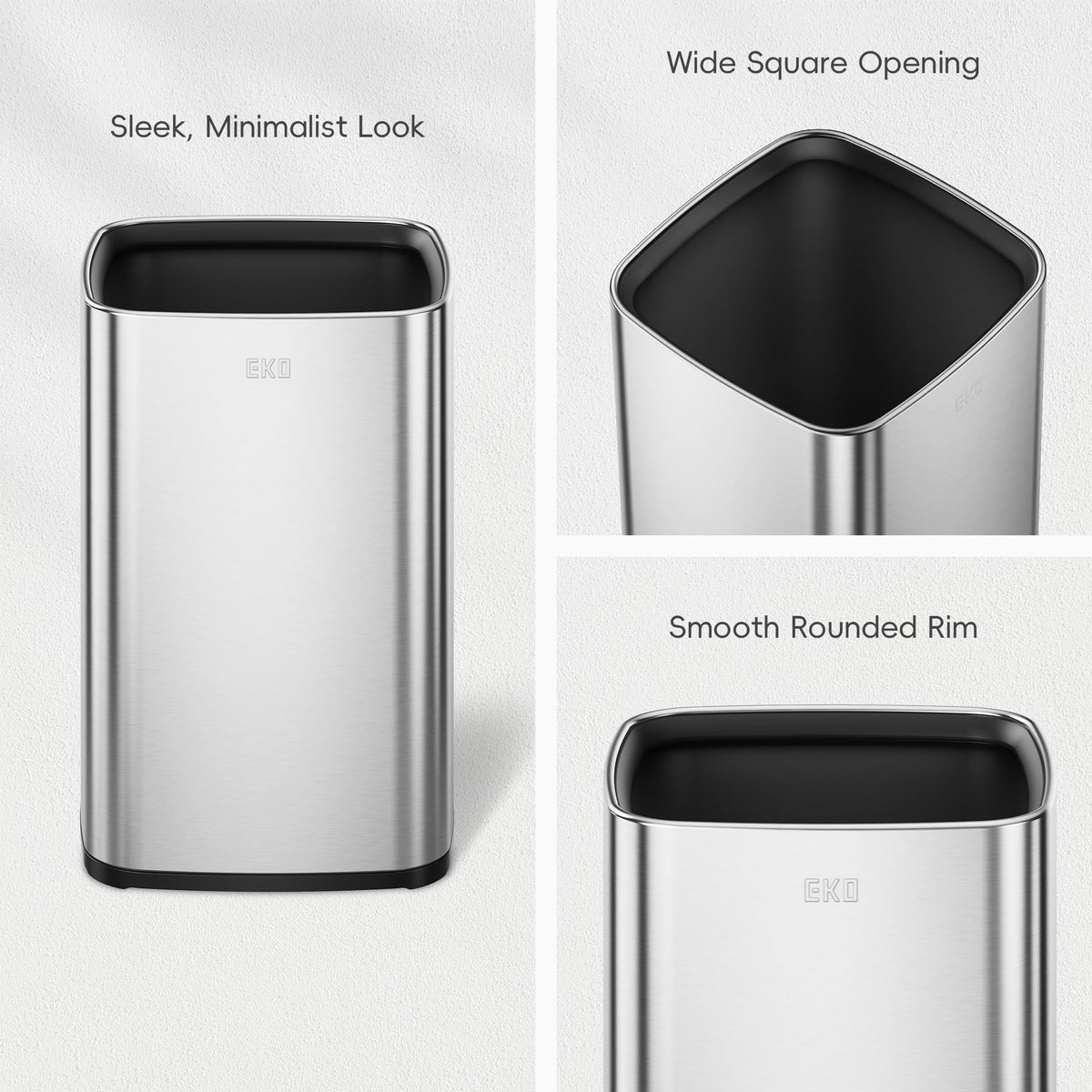 EKO 2-Pack Open Top Trash Can with Removable Inner Basket, Square Small Garbage Can, 1.8 + 3.2 Gallon Wastebasket Combo for Kitchen, Bathroom, Office, Home (Stainless Steel)