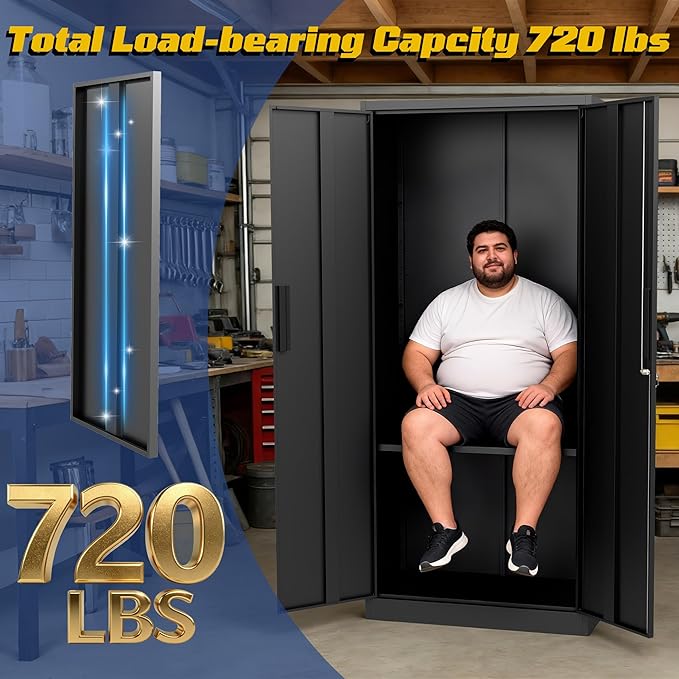 Metal Storage Cabinet with Adjustable Shelves, 72" Steel Garage Storage Cabinets with Lock and 2 Door, Locking Tool Cabinet Utility Cabinets for Garage, Kitchen, Home Office, School, Shop