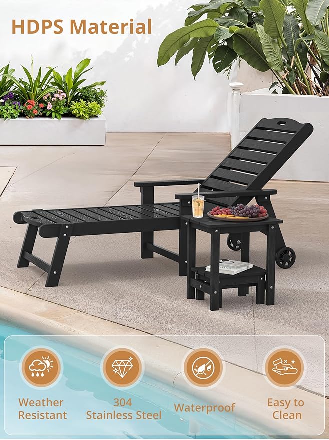 LUE BONA Outdoor Side Table, 2-Tier HDPS Outdoor Nesting End Table with Removable Small Foot Stool for Patio, Deck, Poolside, Low Maintenance & Weather Resistant,Black