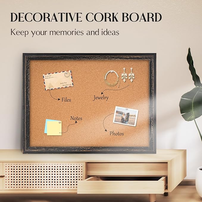 Cork Bulletin Board, Rustic Black Wooden Frame, Hanging Pin Board
