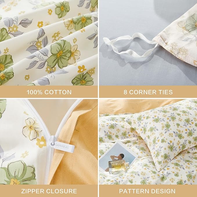 SAPHREAS Green Floral Duvet Cover Set Twin 2pcs Yellow Flowers Botanical Bedding Comforter Cover Set 100% Cotton 1 Duvet Cover 68"x90" 1 Pillow Sham, Comforter Not Included