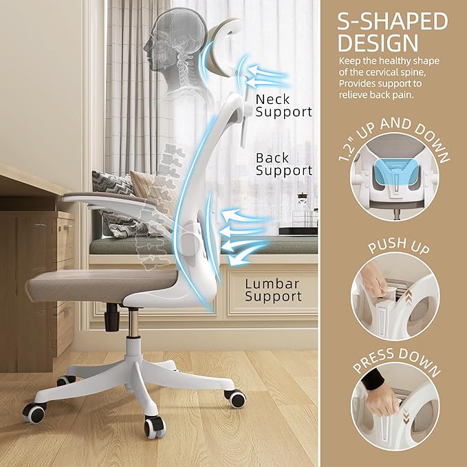 Monhey Ergonomic Office Chair, 90°-125° Tilt Back Home Desk Chair with 360° Swivel & Mute Wheels, High Back Mesh Computer Chair for Adults with Lumbar Support, 330 LBS Capacity (04White+Khaki)