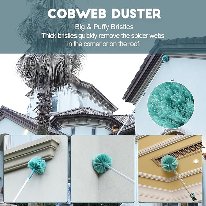 30 Foot High Reach Duster Kit with 6-24FT Extension Pole High Ceiling Dusting and Window Cleaning Kit with Telescopic Pole Window Washer&Squeegee,Cobweb Duster,Fan Duster and Feather Duster