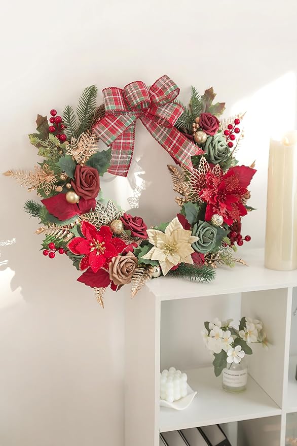 Christmas Flowers Artificial,Red Poinsettias Artificial Christmas Flowers and Greenery Deluxe Combo Set for DIY Tree Ornaments Xmas Wreath Floral Arrangements Centerpieces