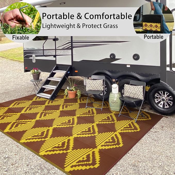 Anidaroel Patio Rugs Outdoor 8x10ft Waterproof, Reversible Camping Rugs for Outside RV, Outdoor Plastic Straw Outside Area Rugs for Patio, Backyard, Pool Deck, Picnic (Yellow&Brown,8‘x10')