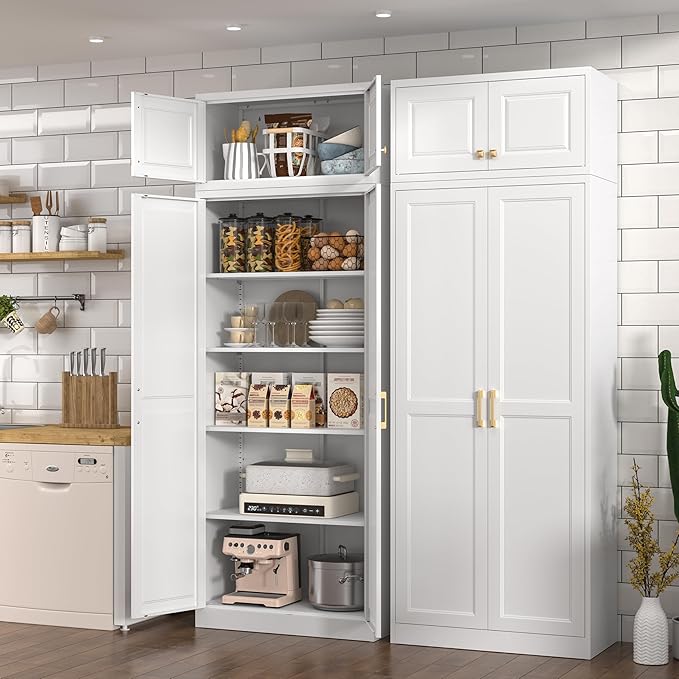 Kitchen Pantry Cabinet, 86 Inch Tall Metal Storage Cabinet, Food Pantry cabinets with Doors and Shelves, White Storage Cabinets for Living Room, Dining, Office, Bathroom, Assembly Required