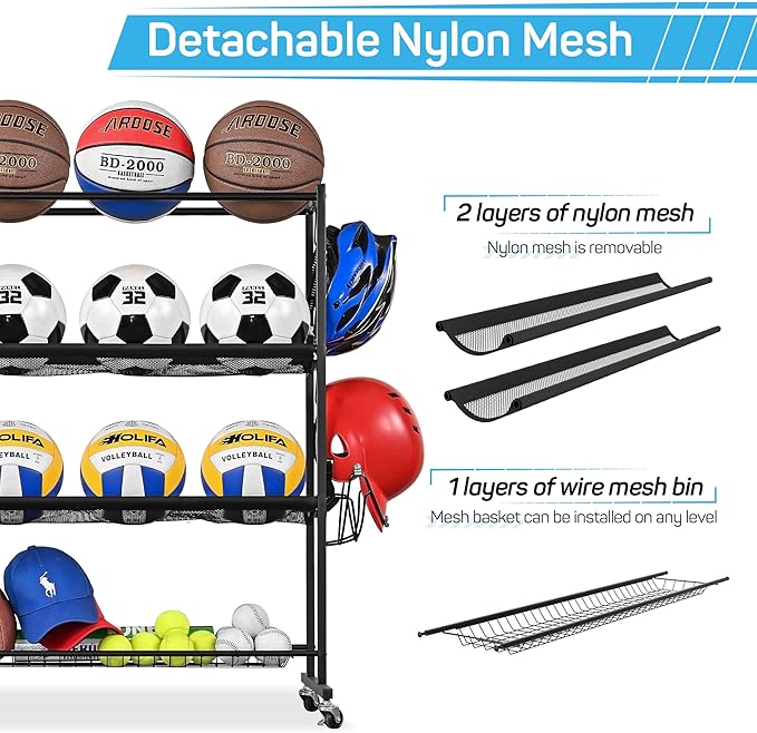 Mythinglogic Garden Alloy Steel Tool Organizer for Garage, Basketball Rack, Ball Storage with Baseball Bat Holder