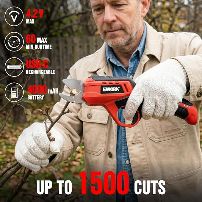 EWORK Cordless Electric Pruning Shears 4.2V Rechargeable 4000mAh Battery, 0.7 Inch Cutting Diameter, 2 SK5 Blades Quick Tool-Less Replacement, Handheld Pruner for Garden Tree Branch Trimming