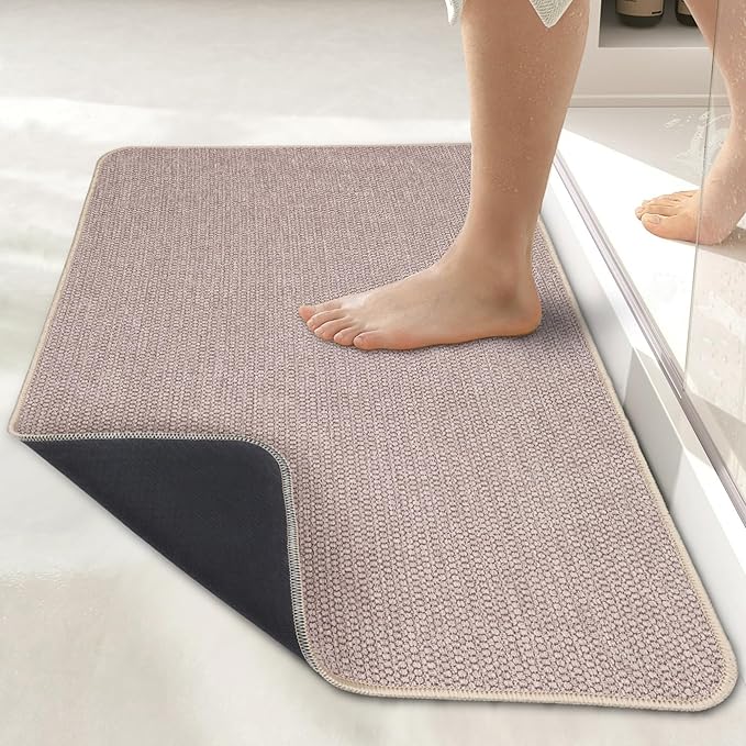 Bath Mat,Ultra Thin Bathroom Runner Rugs,Large Bath Mats for Bathroom,Quick Dry,Non-Slip,Machine Washable,Low Pile,Bath Rug,Shower Outside,Sink,Home Decor Accessories.Beige,3'x4'(36x48inch)