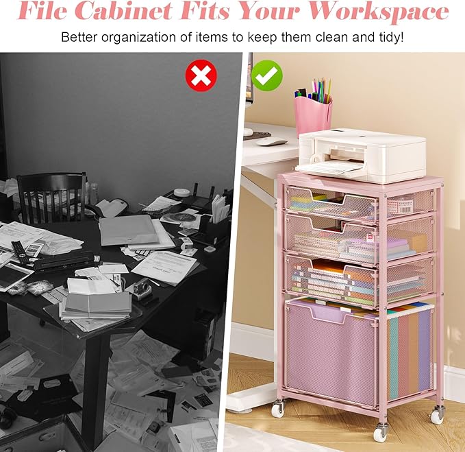 4 Drawer Rolling File Cart Under Desk Storage, File Cabinets for Home Office, Mobile Filing Cabinet, Hanging File Organizer with Wheels, Utility Cart Printer Stand, Pink