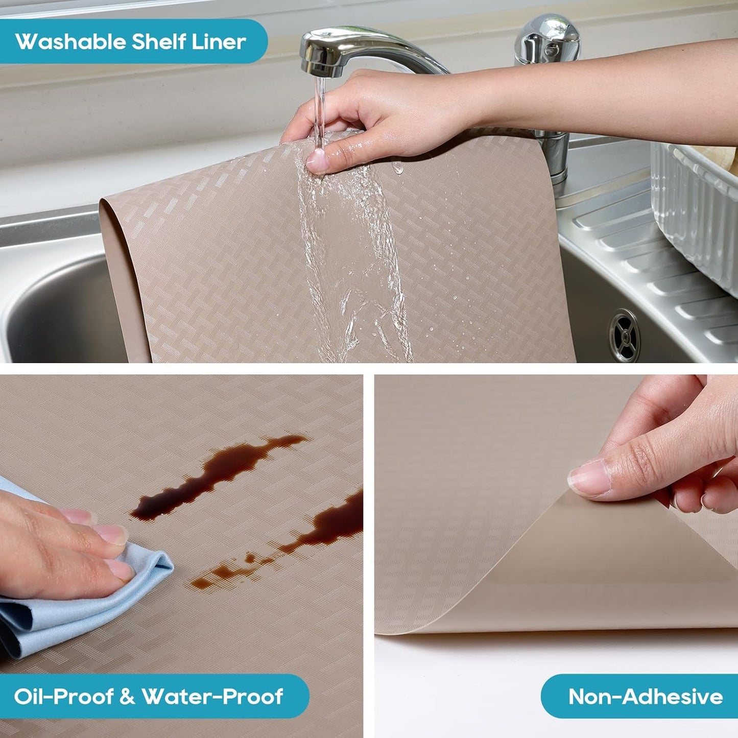 Shelf Liners for Kitchen Cabinets, Waterproof and Oil-Proof Kitchen Cupboard Liner, Refrigerator Liners and Plastic Drawer Mats EVA Non Adhesive Shelves, Fridge - Beige 17.5 x 236.2 Inches x 2 Rolls