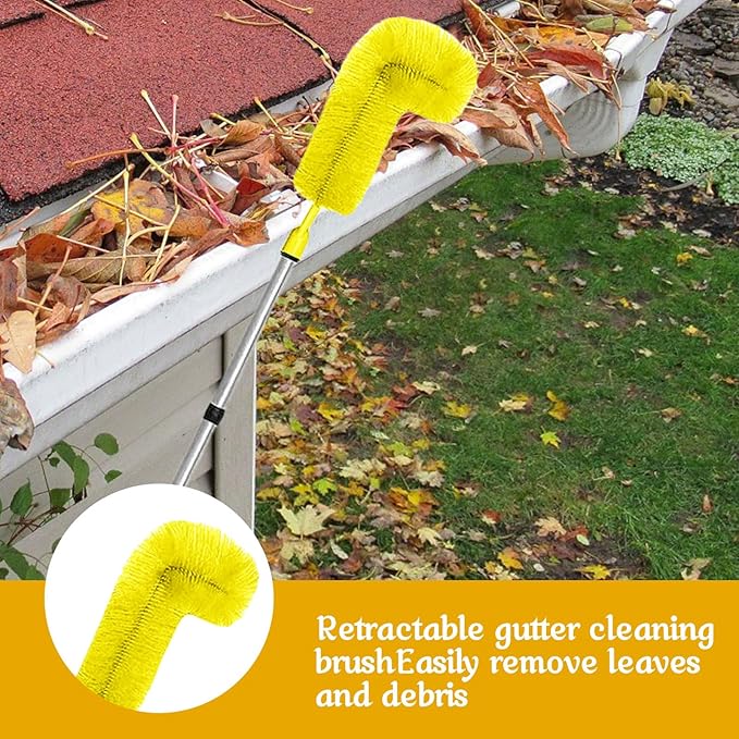Gutter Cleaning Brush Extendable Guard Cleaner Tool with 8 Pcs Telescoping Handle Extension Pole 10ft, Gutter Cleaning Tools from The Ground for Easy Removing Leaves Debris Window Cleaner (Yellow)