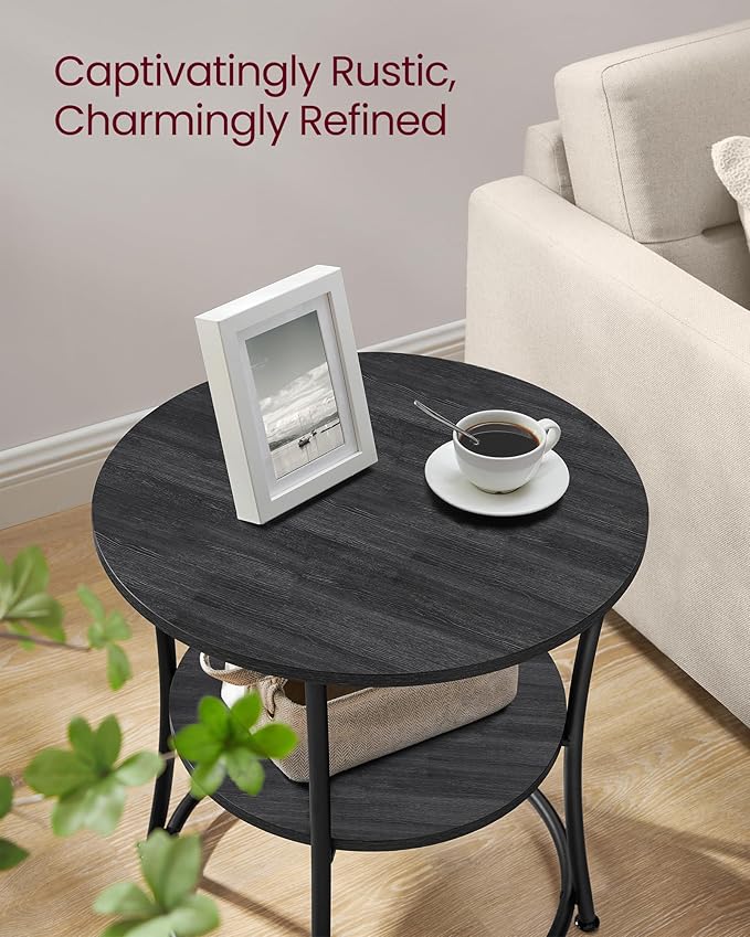 VASAGLE 21.7-Inch Round Side Table, 2-Tier End Table, Nightstand with Steel Frame, Spacious Top, for Small Spaces, Living Room, Bedroom, Charcoal Gray and Ink Black ULET056B22