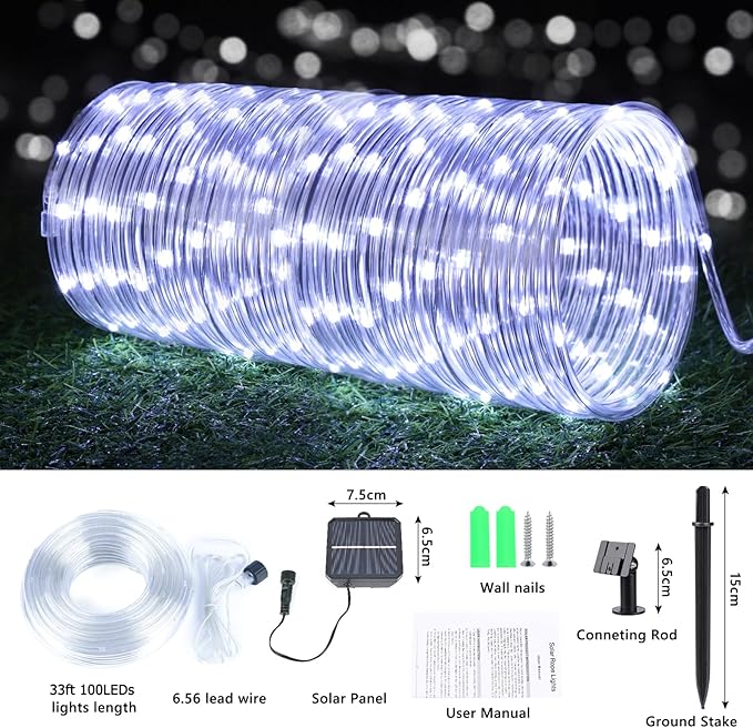Solar Rope Lights, 2 Pack Total 66ft 200LED Solar String Lights, 8 Modes Waterproof Solar Powered Outdoor Light, Flexible Clear Tube Light for Garden Backyard Patio Deck Porch Pool Tree Decor - White