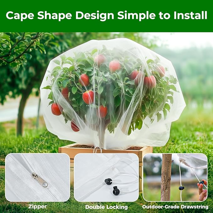 Fruit Tree Netting with Zipper & Drawstring - 8'x8' Garden Plant Net Pest Barrier to Prevent Cicadas Bird Squirrel Deer - Bug Protection for Blueberry Tomato with Fine Mesh Insect Cover(2 Pack)