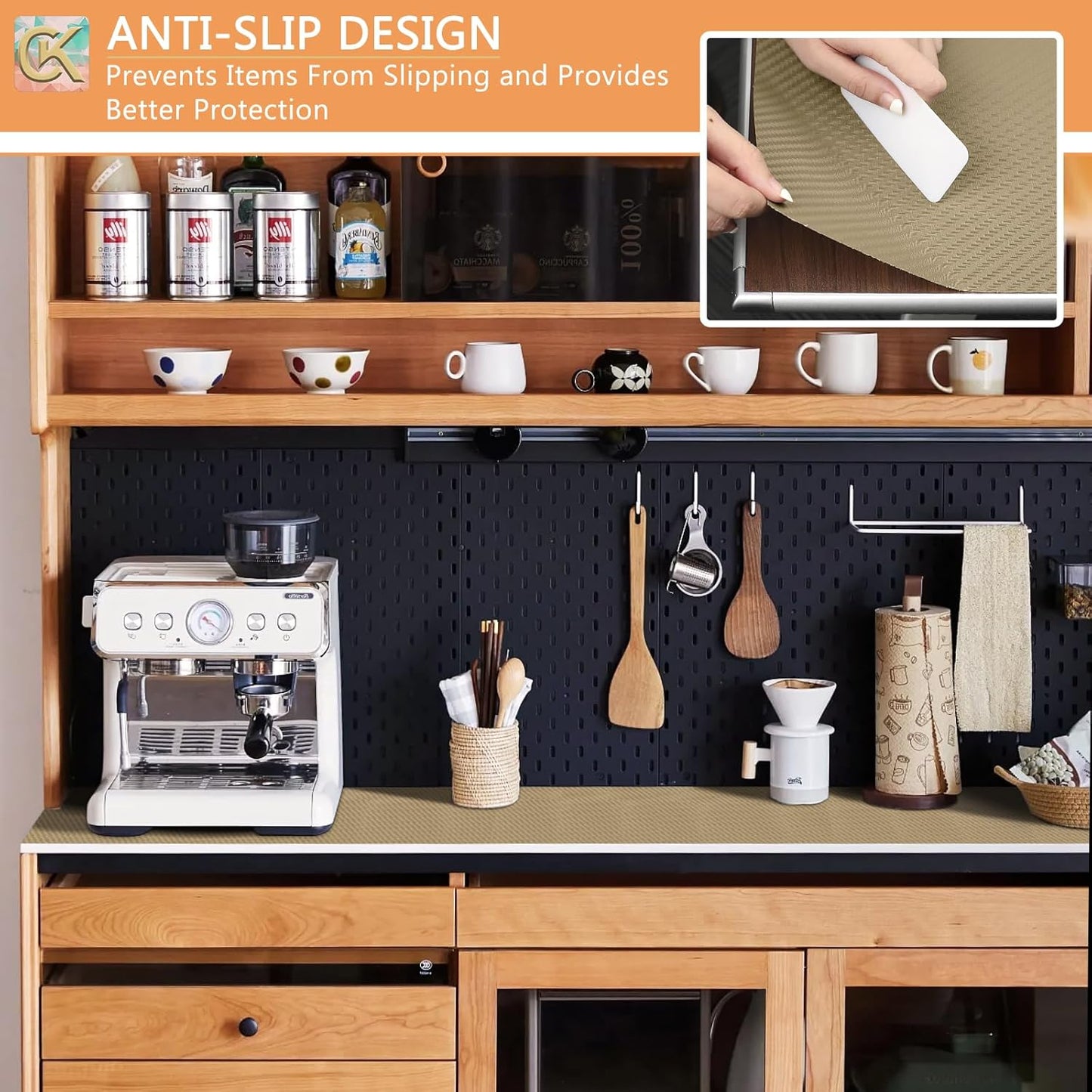 Self-Adhesive Shelf Liner Kitchen Liner, Waterproof Backed Paper Easy Peel and Stick Contact Liner Without Residue for Decor Your Desk Surface, Kitchen Countertops (Dark Khaki, 17.5 x 118.1 inches)