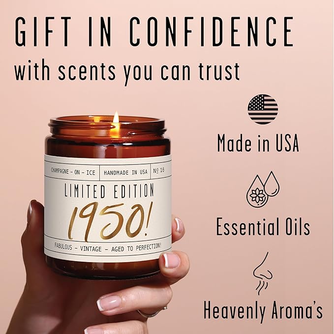 75th Birthday Gifts for Girls - 'Limited Edition 1950' Soy Candle, w/Champagne on Ice I 75 Birthday Gifts for Women I 75th Gift for Her Ideas I 9oz Reusable Jar, 50Hr Burn, Made in USA