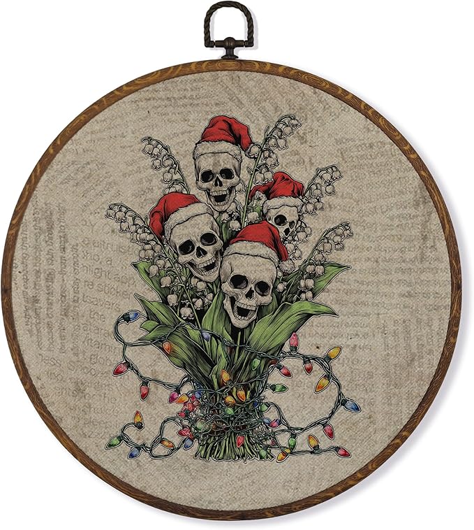 MOTERMATE Gothic Christmas Lily of the Valley Skull Wall Art Decor Round Framed, Spooky Christmas Canvas Wall Art Artwork Prints, Skull Floral Hanging Decor Decorations for Home Bedroom, 10x10 Inch