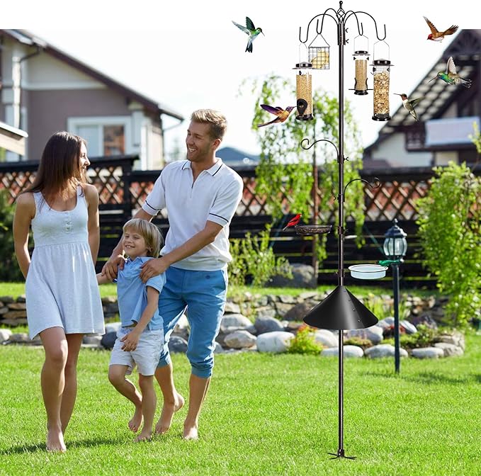 YINGYM 6-Hook Bird Feeding Station Kit Wild Bird Feeder Stand Pole, Multi-Feeder Hanging Kit Stand with Water Bowl, Mesh Tray and Squirrel Guard Baffle, 94 Inch