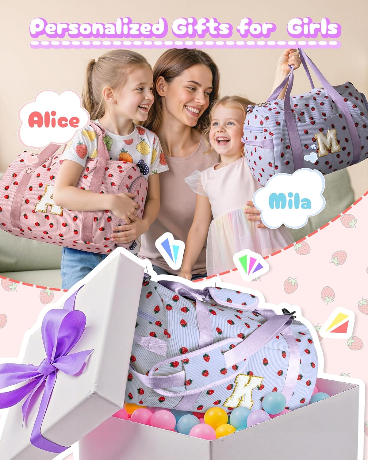 Skiennix Tween Girl Gym Bag - Personalized Duffle with Shoe Compartment & Makeup Bag | Monogram Travel Tote (Letter V)
