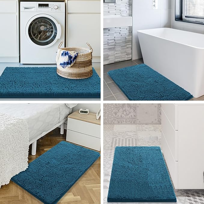 Smiry Luxury Chenille Bathroom Rugs 36x24, Extra Soft and Absorbent Shaggy Bath Mat, Machine Washable, Non-Slip Plush Carpet Runner for Tub, Shower, and Floor, Home Decor Accessories, Peacock Blue