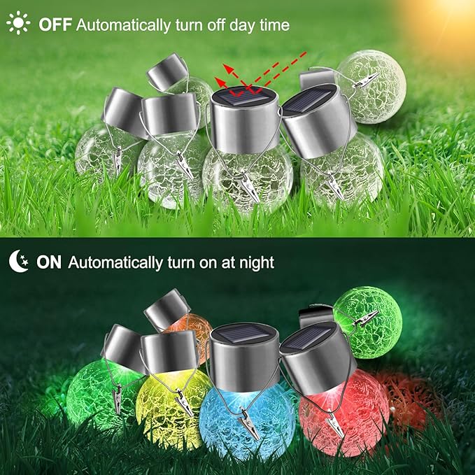 12 Pack Hanging Solar Lights Outdoor Decorative, Waterproof Solar Globe Lantern with Handle and Clip, Solar Powered Cracked Glass Ball Lights for Garden Yard Patio, Fence Tree Umbrella, Holiday Decor