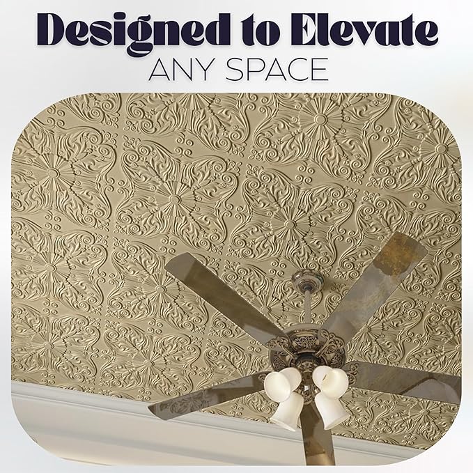 Art3d 12-Pack PVC Drop Ceiling Tiles, 2ft x 2ft, Floral Gold