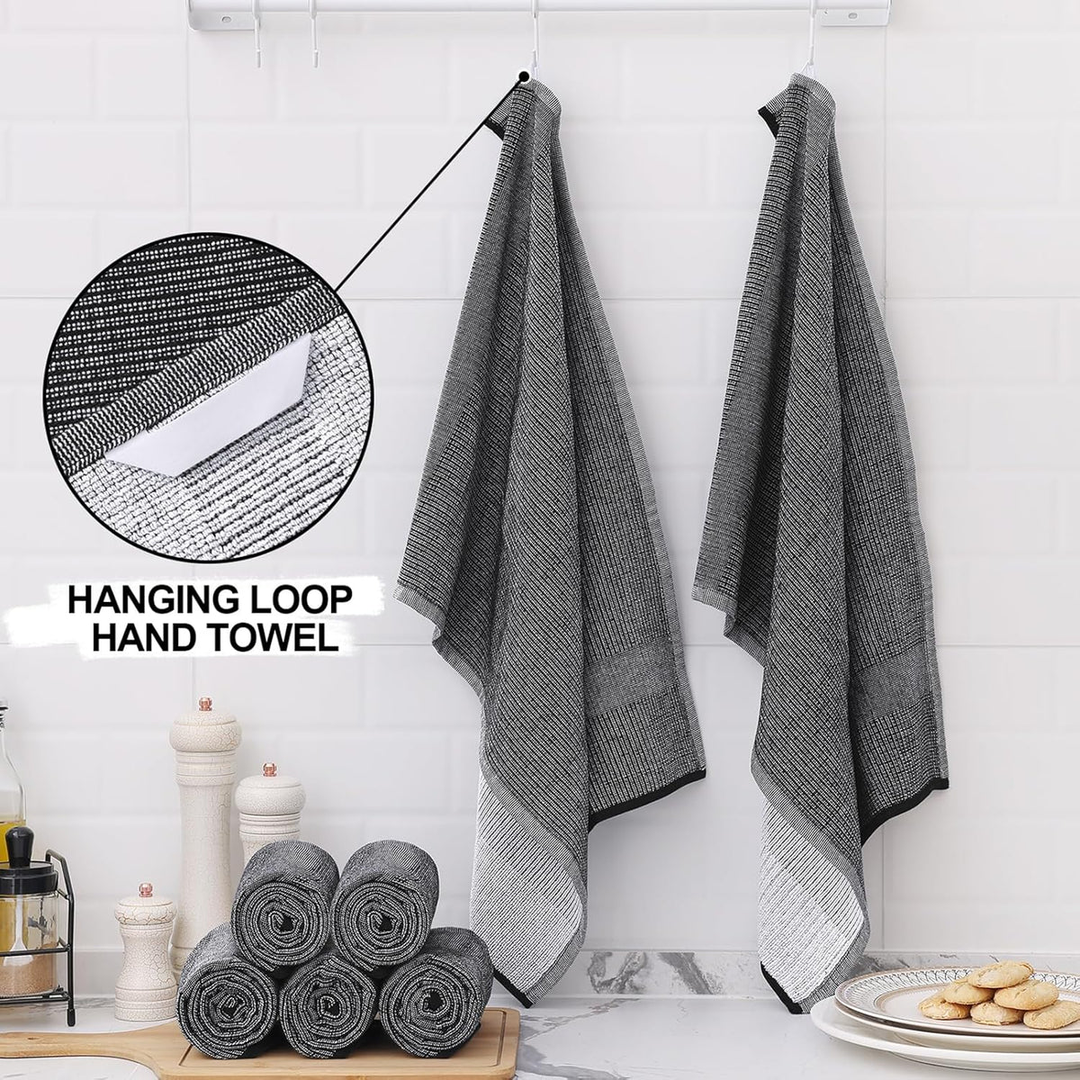 Homaxy Premium Kitchen Towels(18”x 28”, 8 Pack), Large Cotton Kitchen Hand Towels, Flat and Terry Dish Towels, 380 GSM Highly Absorbent Tea Towel Set with Hanging Loop, Black