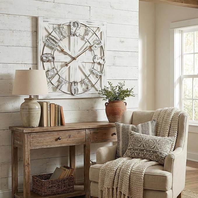 EMAX HOME Large Farmhouse Wall Clock – 24 Inch White Square Rustic Wooden Clock