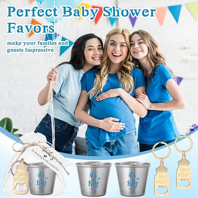 Vesici 25 Sets Baby Shower Party Favors Bottle Openers Keychains Stainless Steel Shot Thank You Tags Organza Bags Gender Reveal Favors for Guests Wedding Baby Shower Return Gift Girl Boy (Boy)