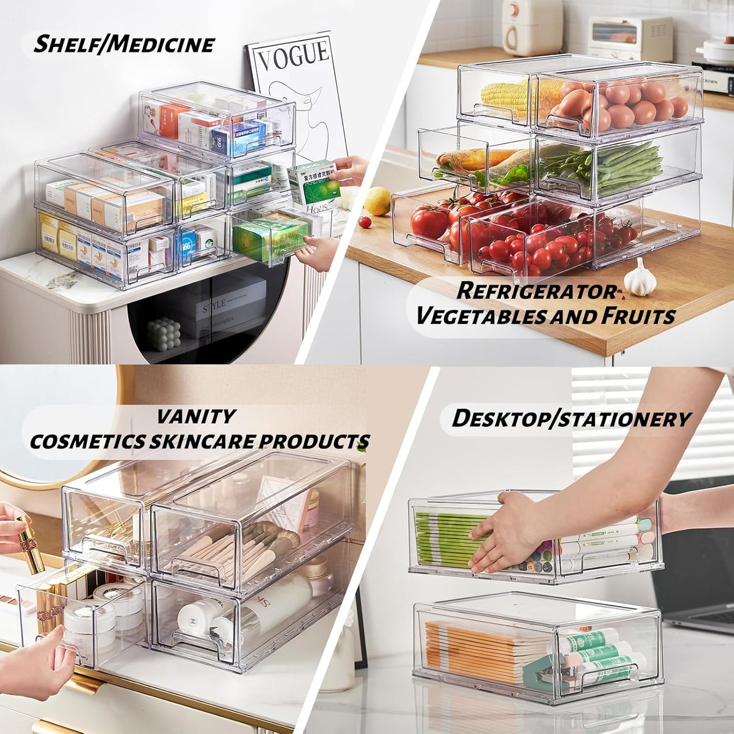 PeJeyiee 4 Pack Clear Stackable Refrigerator Organizers and Storage Drawers - Pull-Out Fridge Bins with Anti-Slip Base & Easy Clean, Plastic Organizers for Kitchen Pantry Cabinet Closet (Large)
