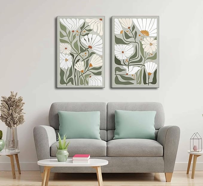 2 Pcs Boho Wildflowers Canvas Wall Art Green Bohemia Abstract Floral Botanical Painting Picture Wall Decor Poster Print Artwork for Living Room Bedroom Bathroom Home Decoration