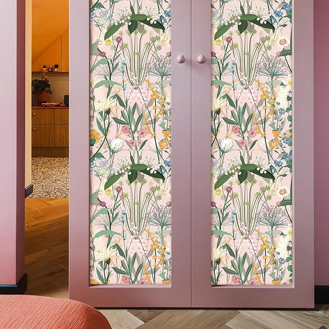 JiffDiff Floral Wallpaper Peel and Stick 17.3"x472" Pink Farm Wildwood Stick on