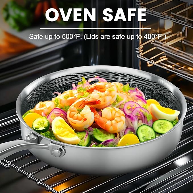 Non Stick Frying Pans,Hybrid Frying Pan with Lid,Non Toxic Frying Pans Nonstick,Stainless Steel Skillet,Dishwasher and Oven-Safe,Compatible with All Cooktops, 2-Piece Set (7.8+11in)