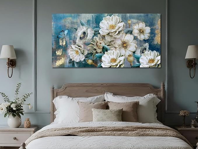 Arjun Flower Canvas Wall Art for Bedroom White Elegant Teal Picture, Textured Floral Magnolia Aesthetic Painting Living Room Wall Decor Turquoise Large Artwork Dining Room Home Office 48"x24"