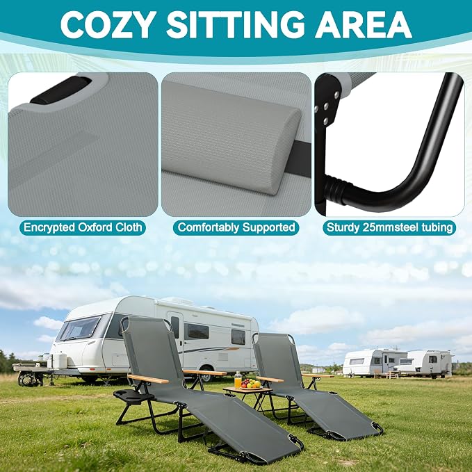 Beach Lounge Chair, Folding Outdoor Chaise Lounge Chair with Arms, 4-Position Backrest, Extended Sun Tanning Chair Pillow & Cup Holder, Patio Lounger for Outside for Beach Pool Patio Yard (Gray)