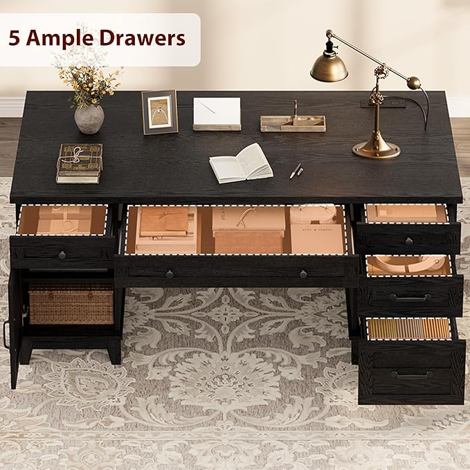 GarveeHome Farmhouse Executive Desk with File Drawers, 60 in Home Office Desk with Charging Station, Wooden Computer Desk with Cabinet Storage for Work Study Writing, Rustic Black