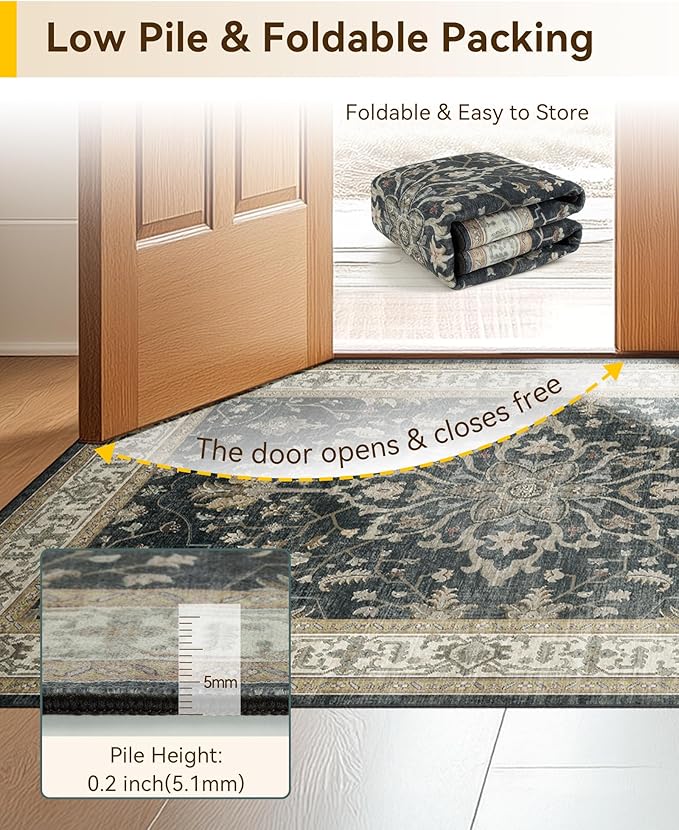 Area Rugs Round 6ft Washable Non-Slip, Floral Vintage Distress Print Pattern Medallion Carpet for Living Room Bedroom Dining Room, Vintage Black Brown Neutral