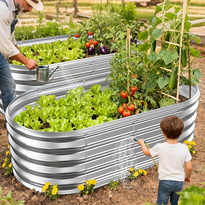 YSEJOMP 17" Tall Outdoor Garden Raised Garden Bed Kits, 4ft X 2ft Oval,0.8MM Thick Metal Raised Planter Bed/Ground Planter Box for Variety of Flowers,Herbs,Vegetables (Silver, 48X24X16.5 Inches)