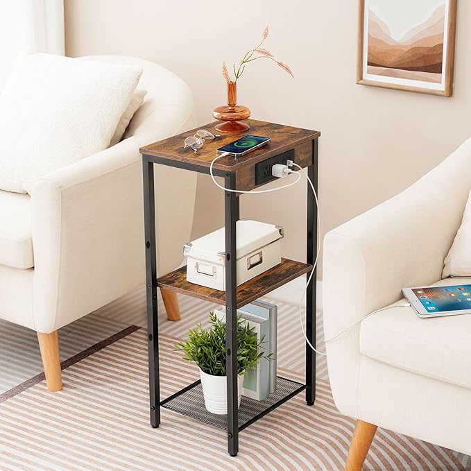 HOOBRO Tall End Table with Charging Station, 30 Inch Slim Tall Nightstand, 3-Tier Narrow Side Table with Adjustable Shelf, for Living Room, Bedroom, Small Space, Hallway, Rustic Brown BF09UDH01G1