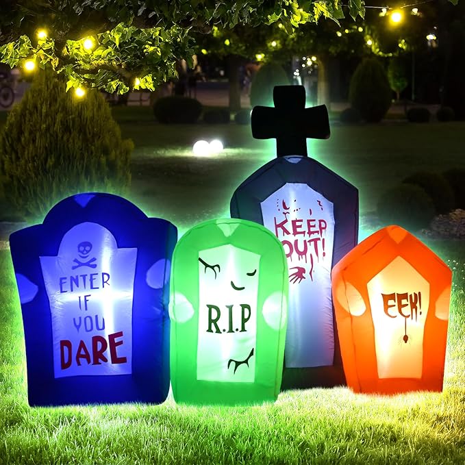 6FT Halloween Inflatable Tombstones Set Decora Halloween Blow Up Decor with LED Lights Indoor Outdoor Holiday Party Yard Graden Decoration