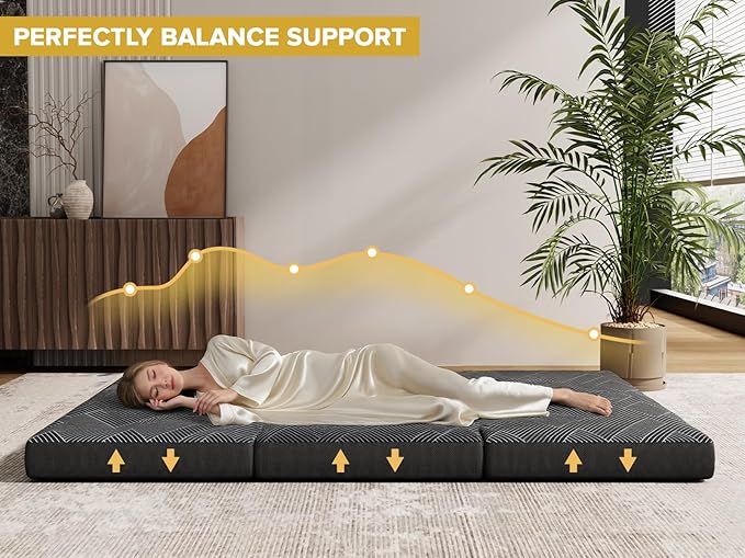 Vamcheer Tri Folding Mattress Full Size - 6 Inch Foldable Mattress Portable Tri-fold Memory Foam Mat, Handle & Non-Slip Bottom with Washable Cover for Travel RV Camping Guest, 73"x52"x6", Grey